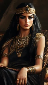 Regal desert queen draped in molten gold and midnight gazes.