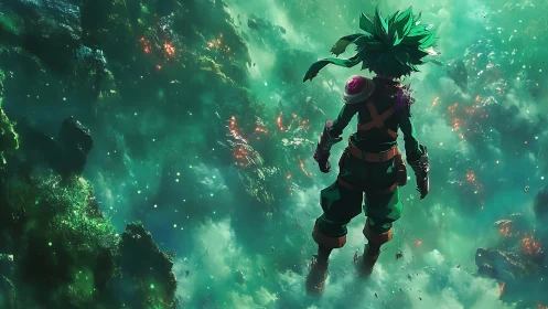 Emerald-haired hero suspended in luminous cosmic storm.
