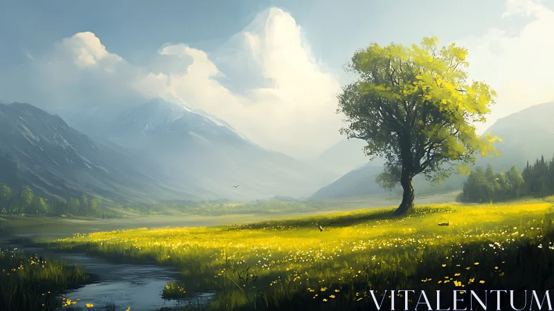 Digital painting landscape with solitary tree and sunlit meadow.
