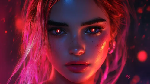 Cyber-noir portrait renders neon-lit woman with luminous eyes