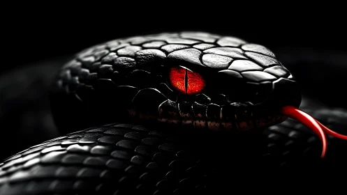 Midnight serpent coils with burning red eye and crimson tongue.
