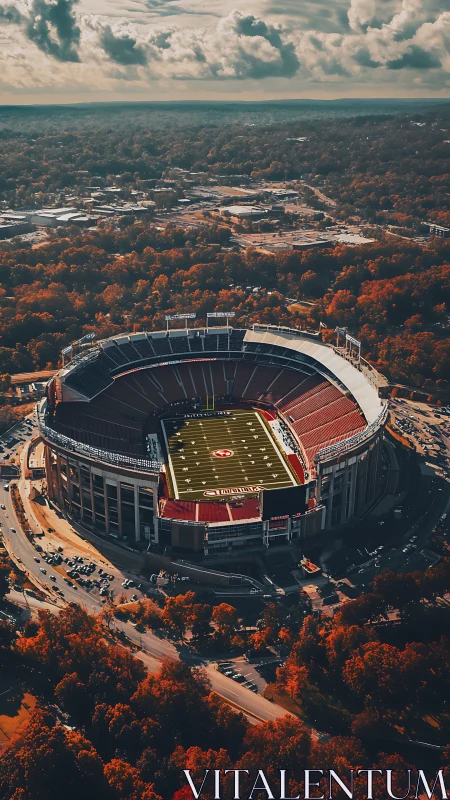 Cinematic aerial stadium panorama with autumn urban context.