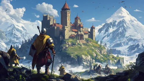 Armored figures approach mountain stronghold above valley.