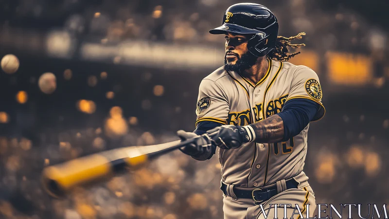 Bat slices golden dusk as baseball freezes mid-flight