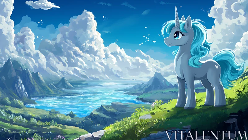 Cel-shaded unicorn surveys luminous coastal fantasy valley