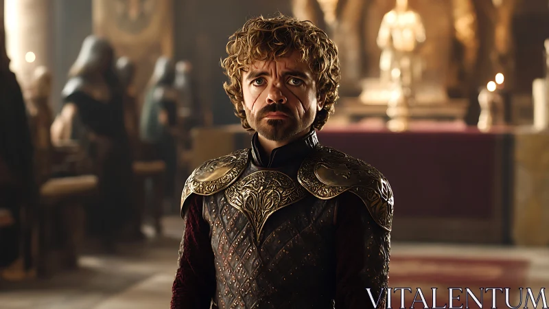 Medieval royal court scene with armored dwarf figure centered