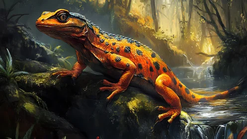 Bright forest salamander resting beside a glowing stream.