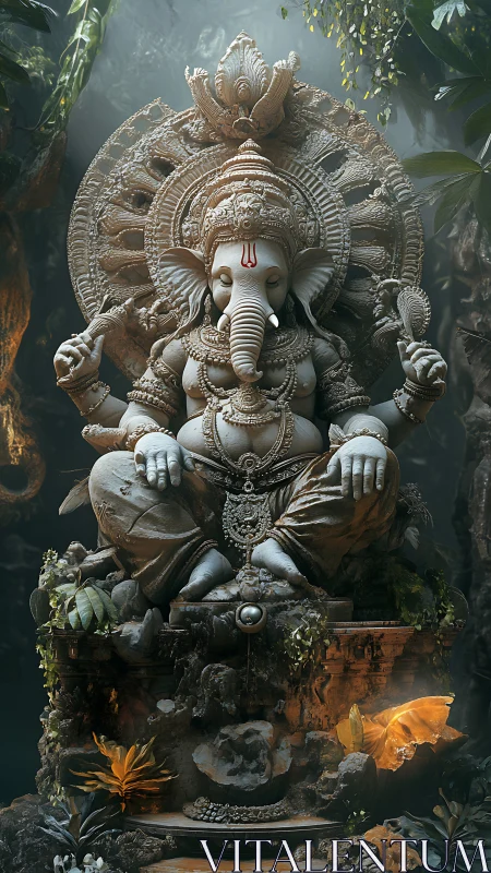 Ornate stone Ganesha statue in misty, foliage-lined shrine.