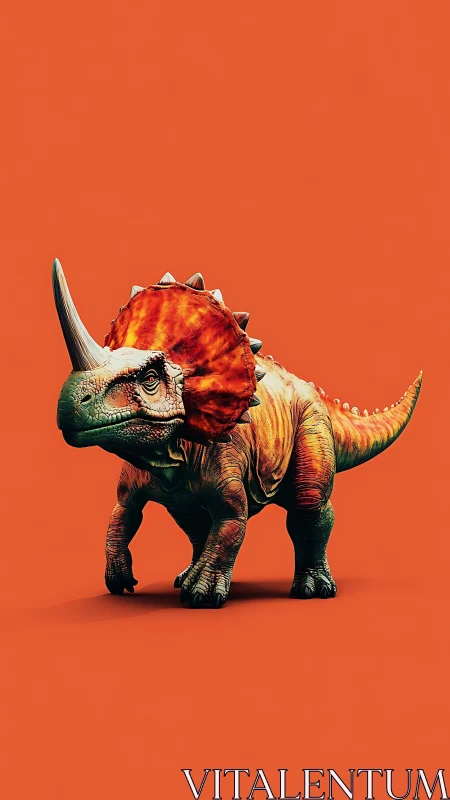 Colorful triceratops render on flat orange studio background.