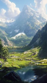 Vertical alpine valley with glacial lake and towering sunlit peak