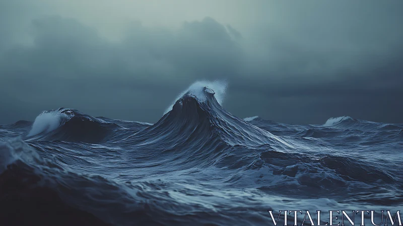 Stormy ocean wave crest rises sharply under overcast sky