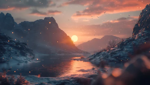 Snowy mountain lake at sunset with warm reflected light.