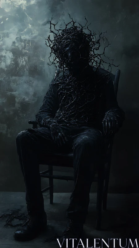 Seated humanoid figure engulfed in dark thorned tendrils