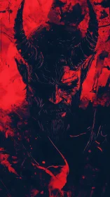 Horned demonic portrait rendered in high-contrast red ink