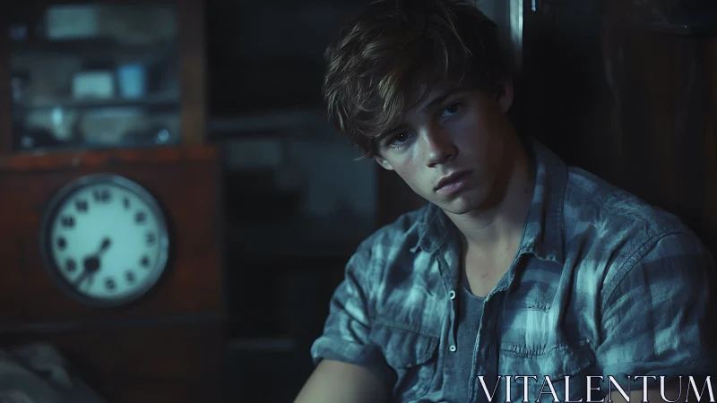Young male subject in dim interior near vintage wall clock.