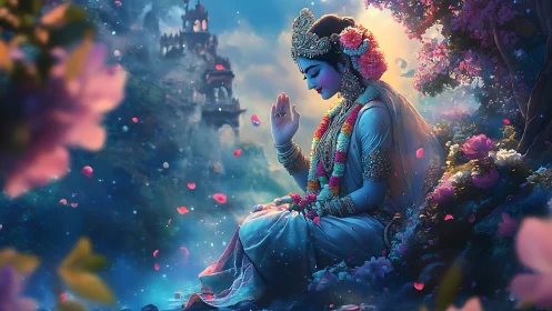 Divine goddess portrait in luminous floral digital painting.