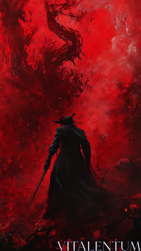 Dark cloaked swordsman silhouette amid swirling red haze.
