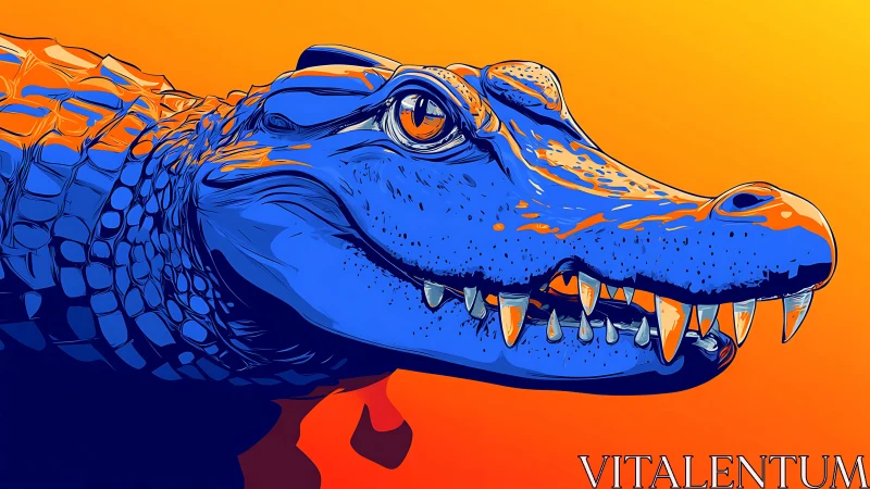 Electric blue alligator illustration glows against orange dusk