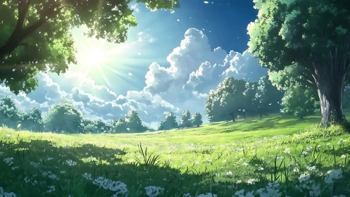 Sunlit meadow with trees under bright summer sky.