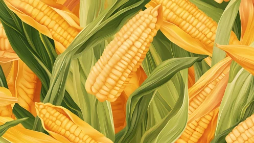 Digital painting of overlapping corn cobs with stylized husks