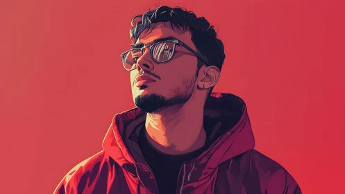 Stylized portrait of young man in red jacket and glasses