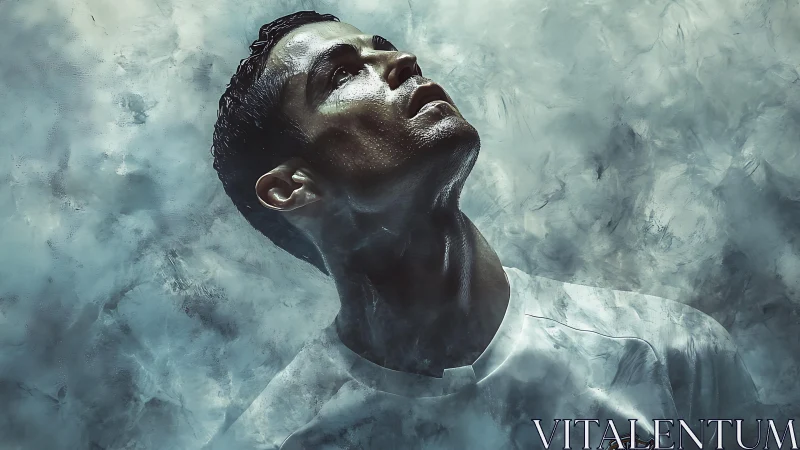 Moody close-up of intense male athlete in smoky light.