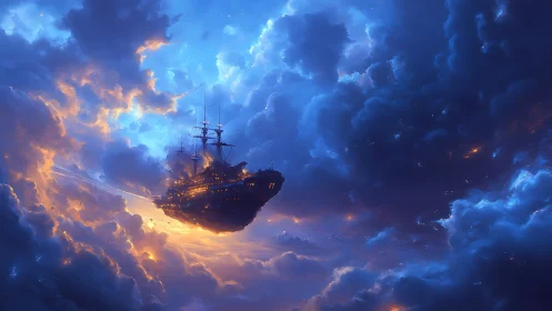 Twilight sky galleon drifting through molten sapphire clouds.
