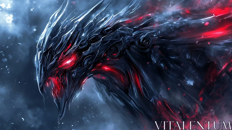 Cybernetic dragon head emerges in high-contrast red glare
