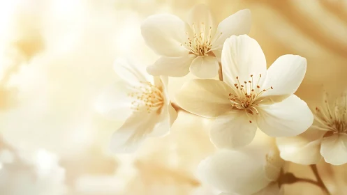 Delicate White Blossoms Glowing with Serene, Golden Warmth