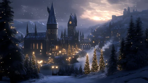 Snowy wizarding castle glows warmly under a twilight sky
