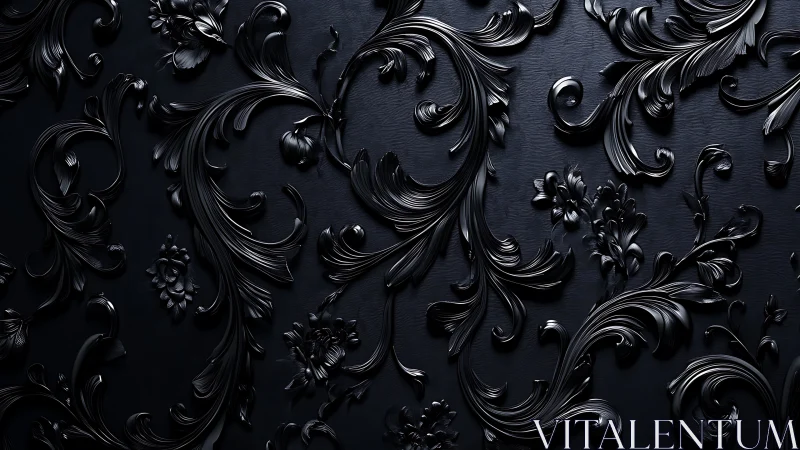 Ornate baroque black relief with high-gloss sculpted scrollwork.