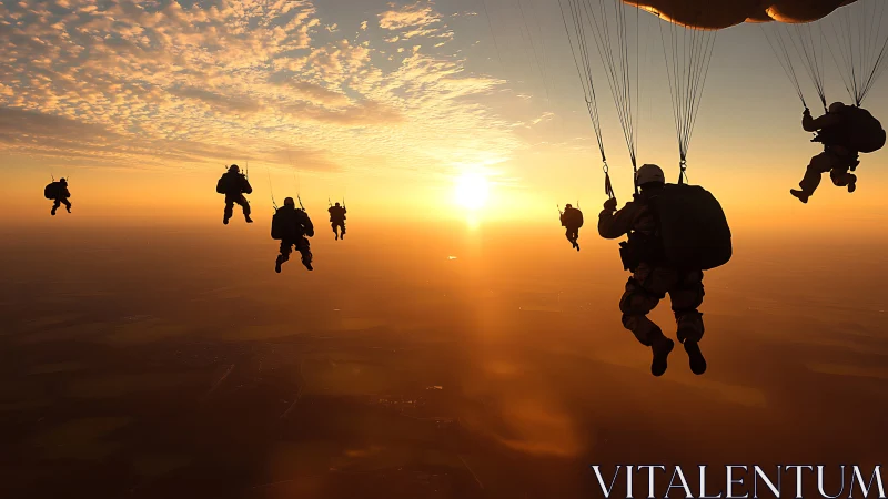 Military parachutists descending in golden sunrise haze.