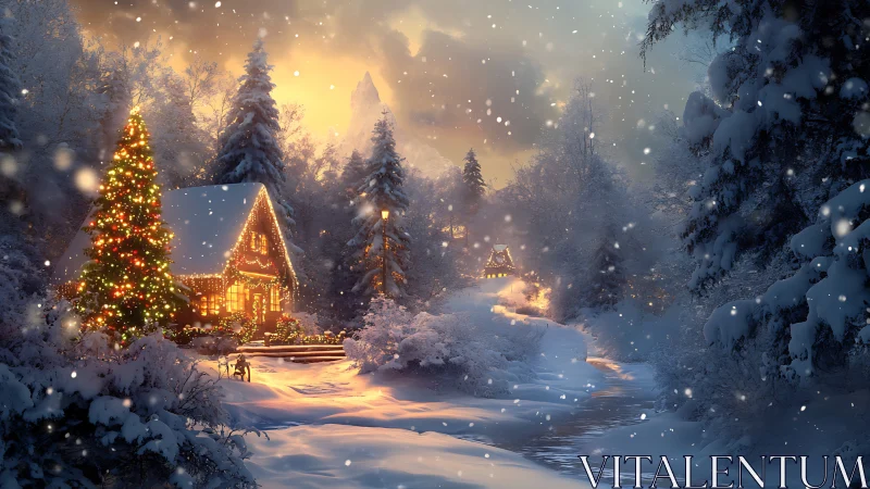 Snowy Christmas cottages glowing with warm festive lights.