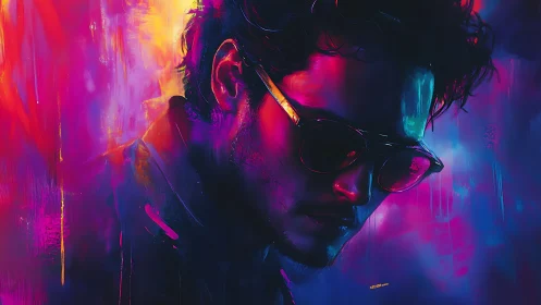 Moody neon portrait of man in sunglasses at night.