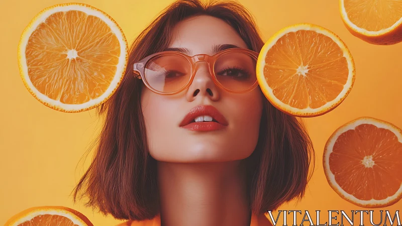 Stylized portrait of woman with floating orange slices in frame