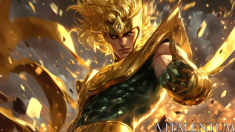 Golden armored figure extends gloved hand amid debris field