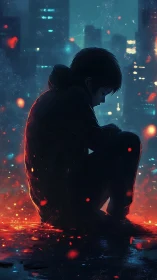 Solitary youth glows against neon-soaked night cityscape.