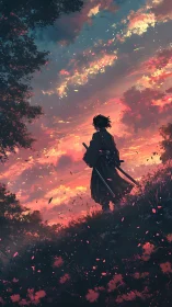 Ronin silhouette under blazing cinematic sunset sky.