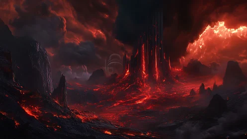 Towering obsidian citadel above a raging lava wasteland.