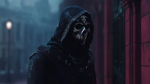 Hooded skull-masked wraith stalks neon-dim city streets.
