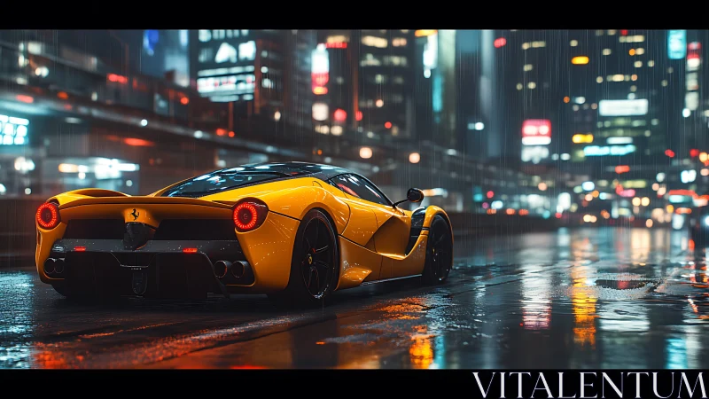 Neon rain ignites a yellow supercar on slick city asphalt.