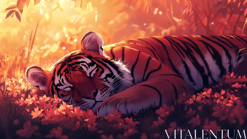 Sun-drenched tiger drifts into dreams on a flowerbed