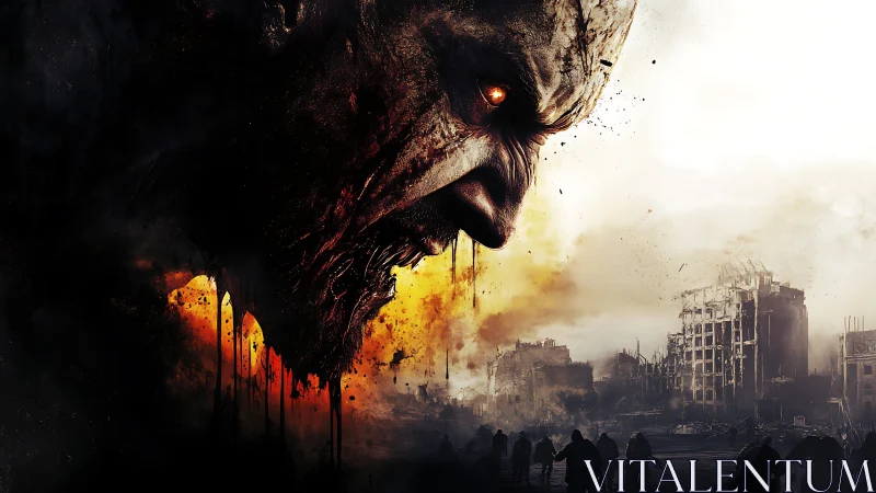 Colossal burning zombie visage looms over apocalyptic ruins