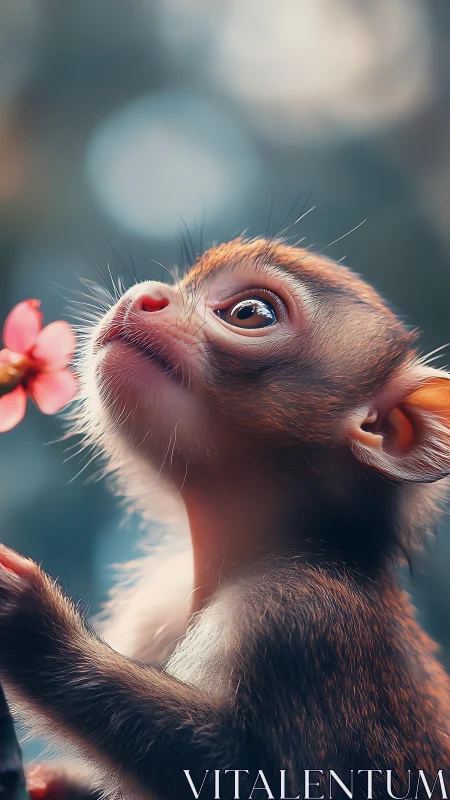 Baby monkey portrait with soft bokeh and pink blossom.