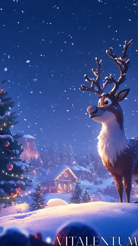 3D stylized reindeer in illuminated winter village scene.
