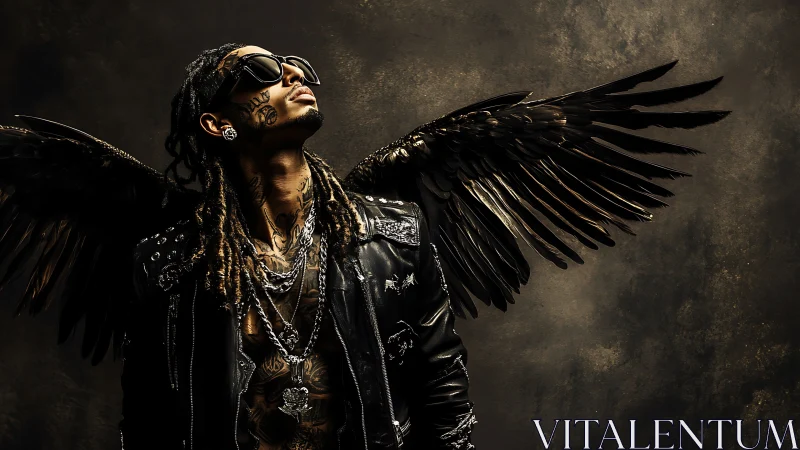 Winged urban icon in dark leather and metallic light.