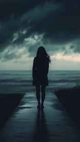Solitary silhouette on stormy coastal walkway at dusk.