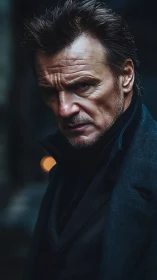 Brooding gentleman carves through shadows in stormy blue light.