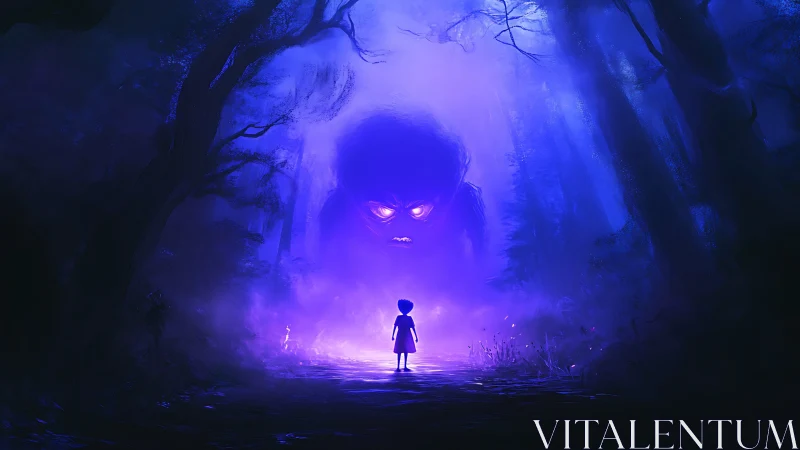 Child confronts glowing forest monster in eerie violet mist.