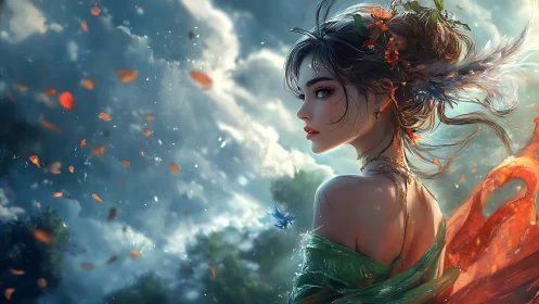 Fantasy woman in flowing green dress amid stormy sky.